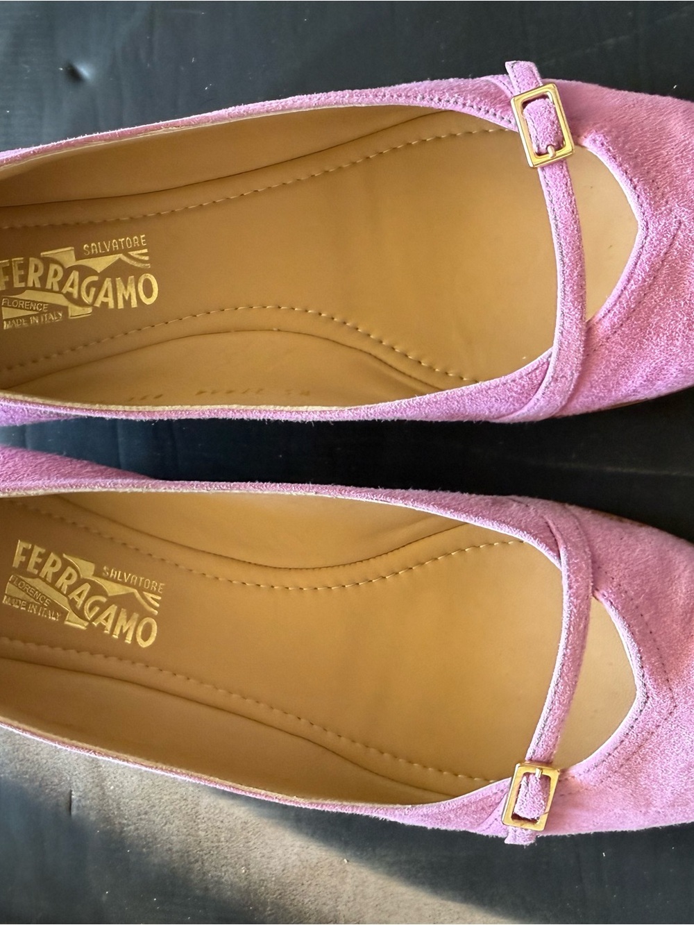 Salvatore Ferragamo pink/Lavender Suede Mary Jane Flats with Gold Buckle